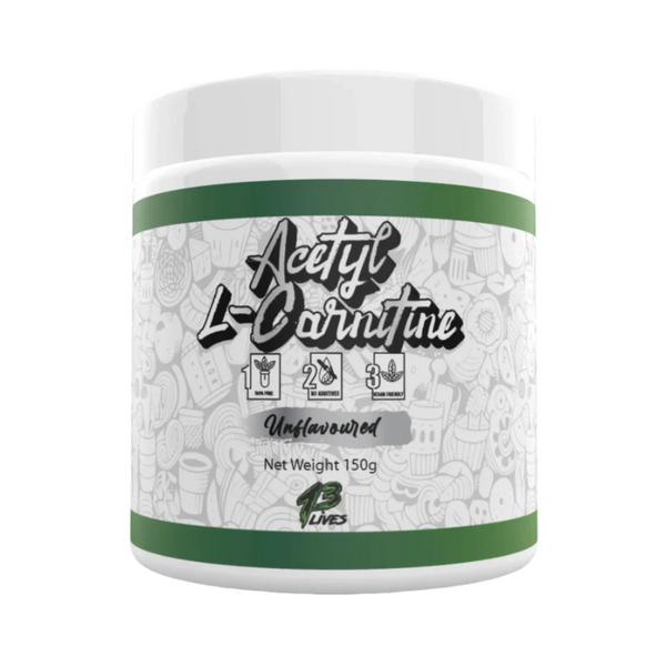 A container of Acetyl L-Carnitine supplement powder with a green and white label, branded by 13 Lives.