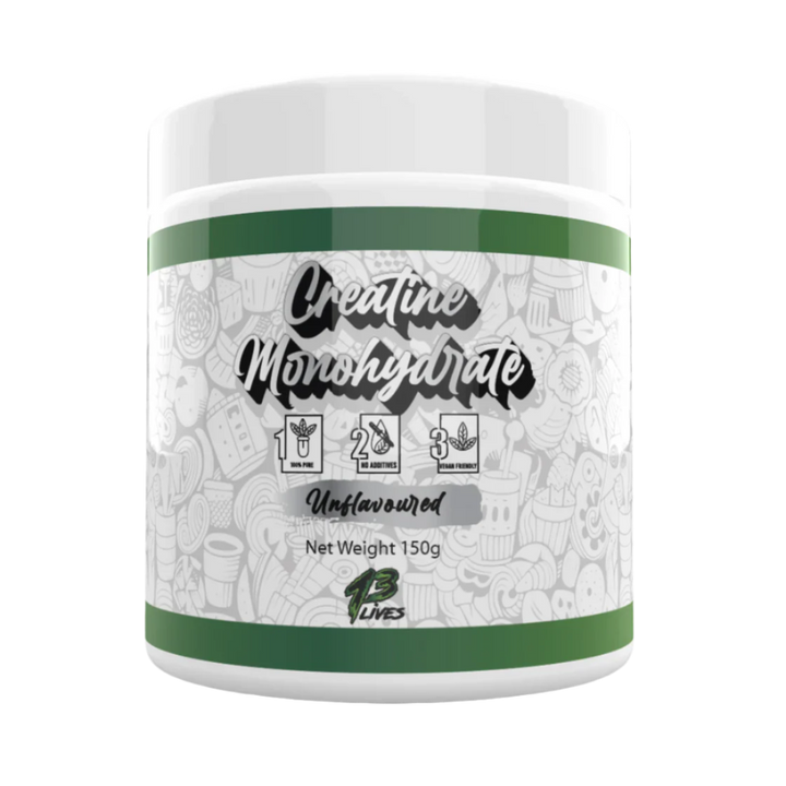 A container of Creatine Monohydrate powder labeled '13 Lives Creatine Monohydrate, Unflavored, Net Weight 150g'.