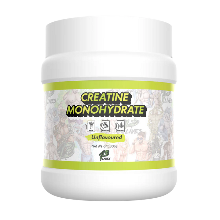A container of Creatine Monohydrate supplement with a white label featuring text and graphics related to fitness and bodybuilding. The container is labeled 'Creatine Monohydrate, Unflavored, Net Weight 500g'.