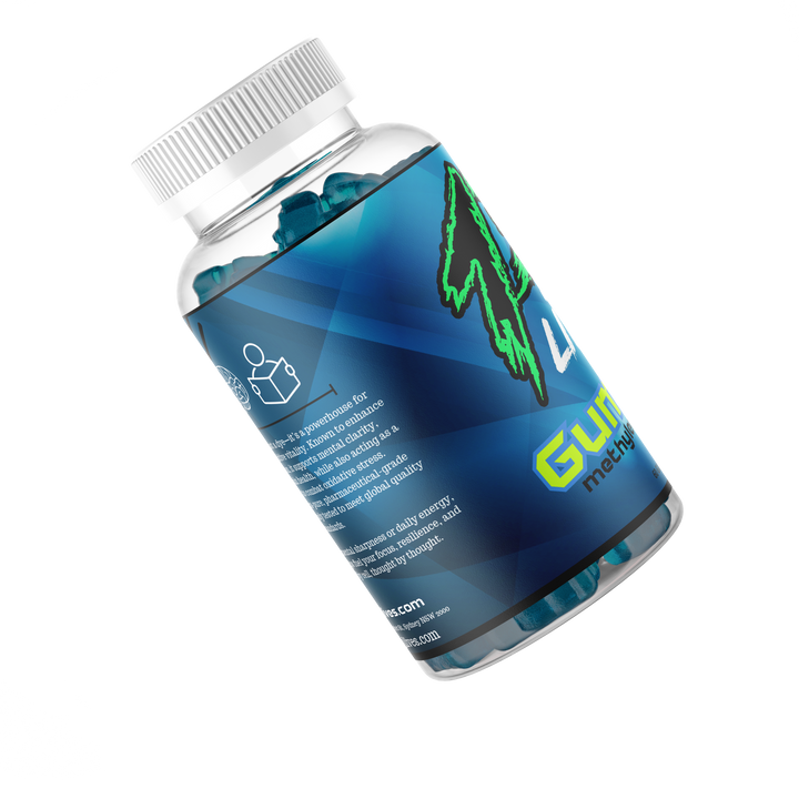 Angled bottle of 13Lives Methylene Blue Gummies with 60 gummies label and bright blue packaging