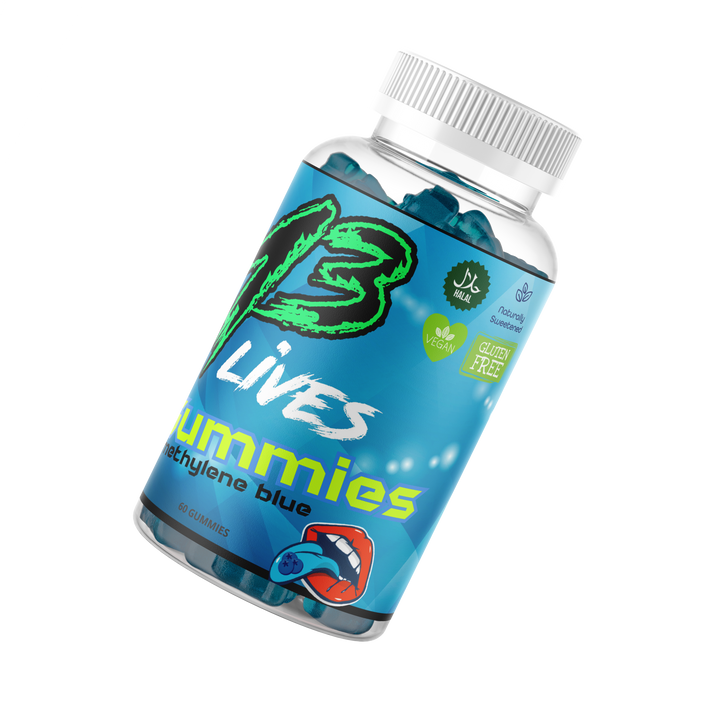 Angled bottle of 13Lives Methylene Blue Gummies with 60 gummies label and bright blue packaging
