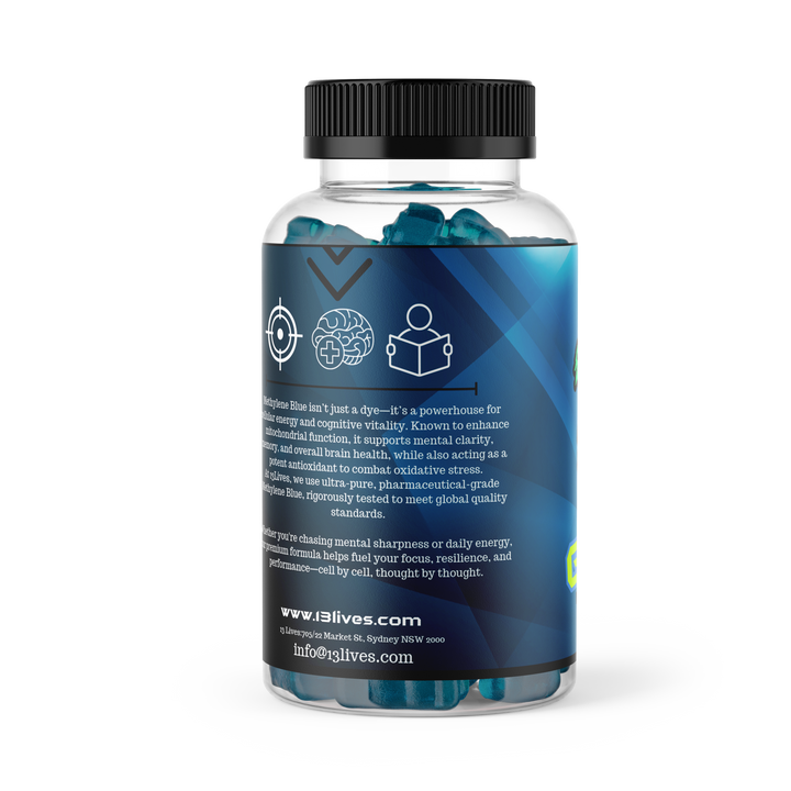 Front-facing 13Lives Methylene Blue Gummies bottle showing descriptive text and symbols