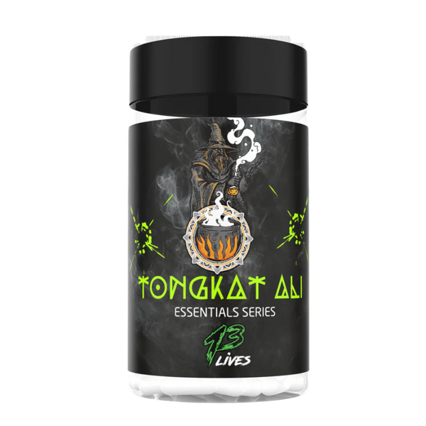 A bottle of Tongkat Ali supplements from the Essentials Series by 13 Lives with a graphic of a tongkat ali plant on the label.