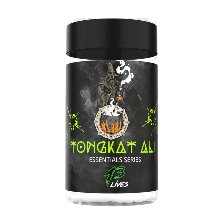 A bottle of Tongkat Ali supplements from the Essentials Series by 13 Lives with a graphic of a tongkat ali plant on the label.