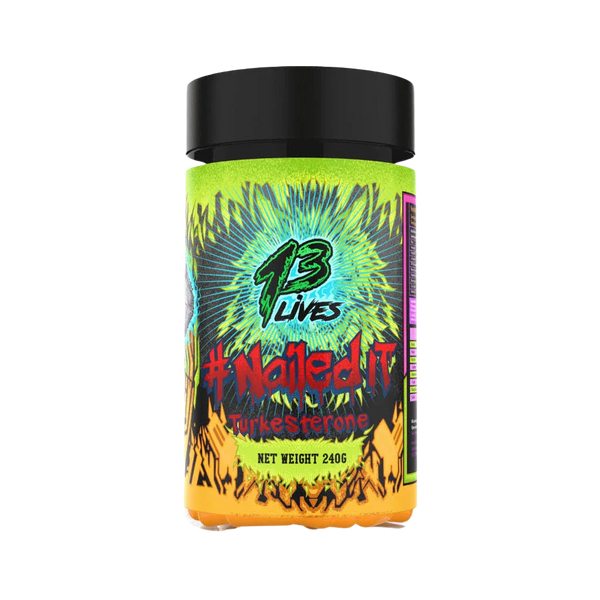 A container of NailedIt Turkesterone capsulated supplement by 13 Lives with colorful label featuring graphics and text.