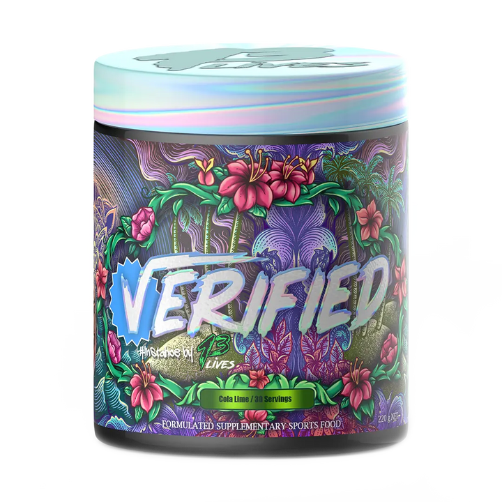 A container of 13Lives Verified Thermogenic supplement with a colorful design featuring fruits and the brand's logo.