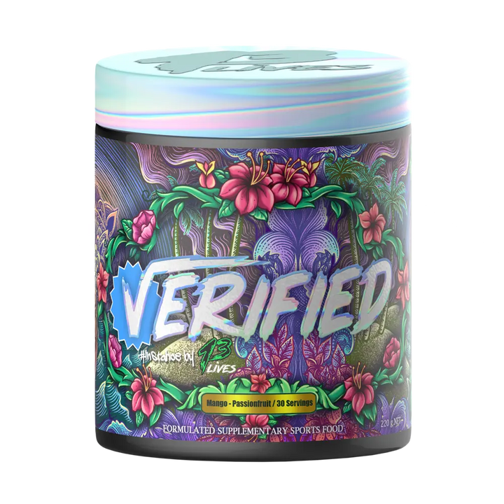 A container of 13Lives Verified Thermogenic supplement with a colorful design featuring fruits and the brand's logo.