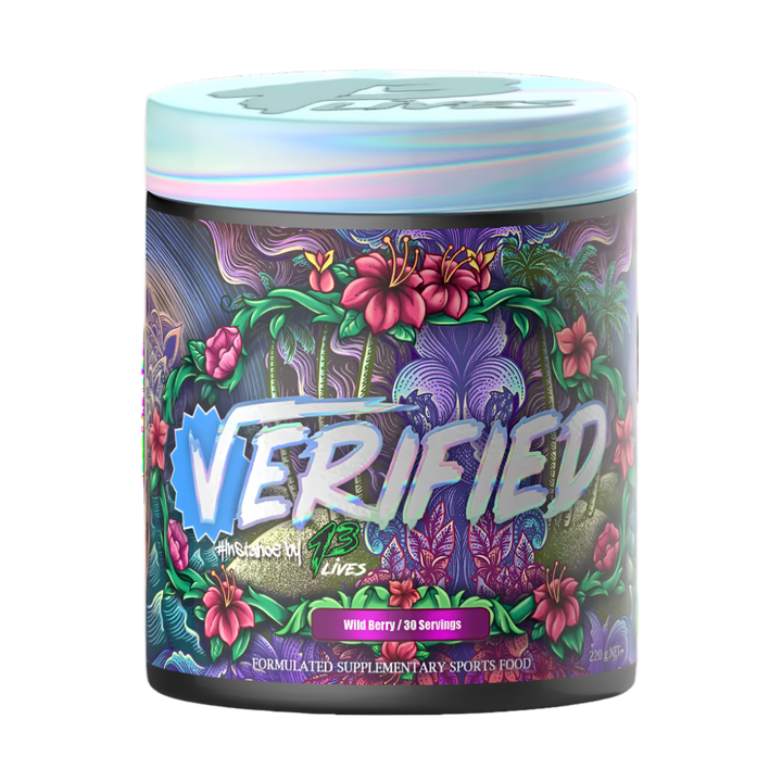 A container of 13Lives Verified Thermogenic supplement with a colorful design featuring fruits and the brand's logo.