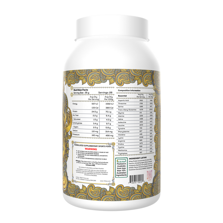 13Lives Whey Protein Banana tub rear view with nutrition facts and ingredient panel