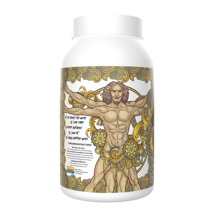 13Lives Whey Protein Banana powder side label with Vitruvian man design and nutritional details