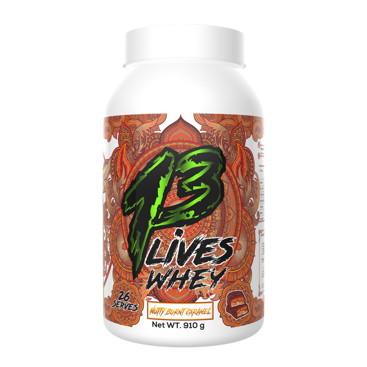 13Lives Whey Protein Nutty Burnt Caramel 910g tub with 24.5g protein per serve made from New Zealand dairy