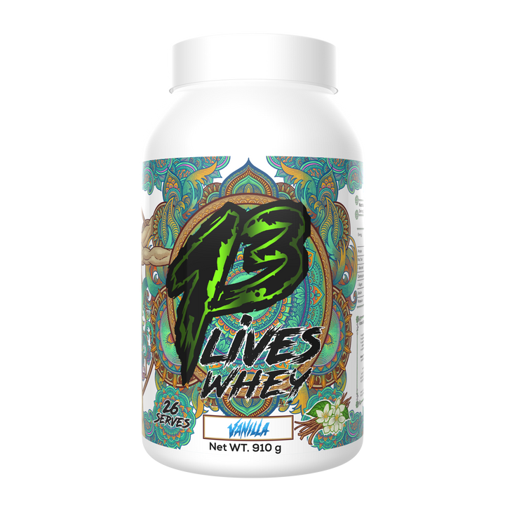 13Lives Whey Protein Vanilla 910g tub showing 26 serves grass-fed New Zealand whey Halal certified protein