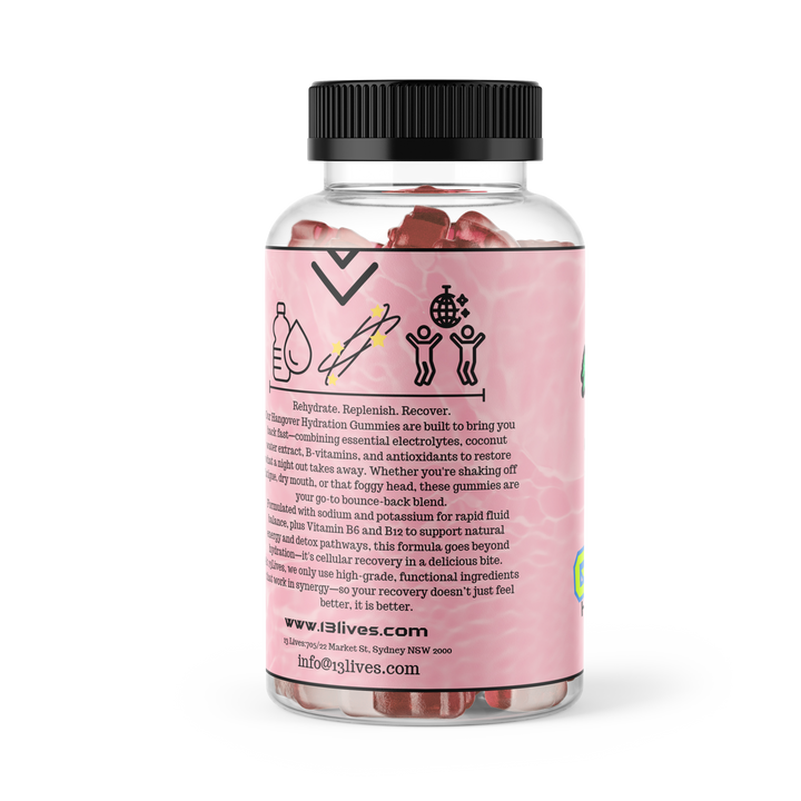 Supplement bottle back label with hydration icons and product description text