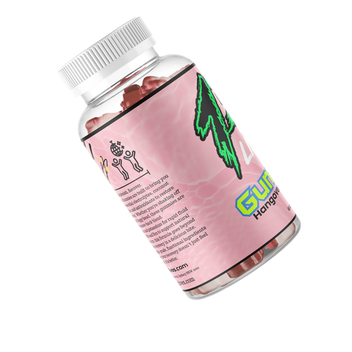 Angled side view of supplement bottle with pink label and gummy pieces inside