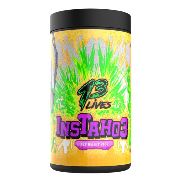 A container of 13 Lives Instahoe Fat Burner with a colorful design featuring predominantly green and yellow hues, with text and branding related to the product.