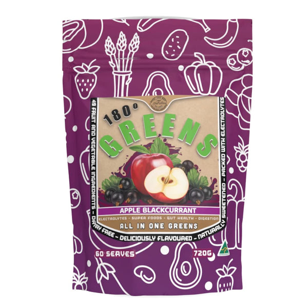 180 Degrees Nutrition Greens Apple Blackcurrant superfood supplement bag with apple and blackcurrant flavour for gut health and recovery