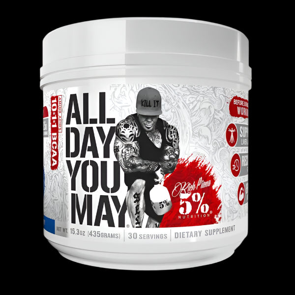 A container of 5% Nutrition All Day You May BCAA supplement with a graphic design and text on the label.