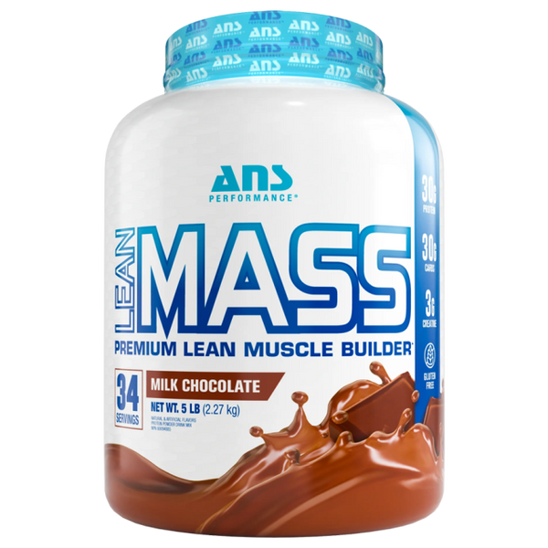 ANS Performance Lean Mass Milk Chocolate 5lb white tub with blue lid and chocolate splash design on front label