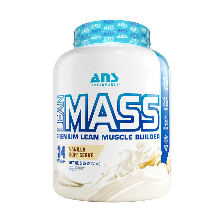 ANS Performance Lean Mass Vanilla Soft Serve 5lb white tub with blue lid and creamy vanilla ice-cream design 