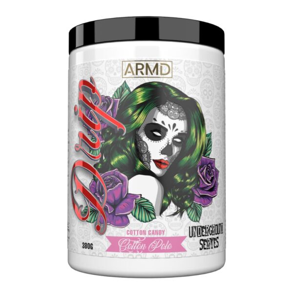 A container of ARMD Drip Cotton Polo fat burner with detailed artwork of a woman surrounded by purple roses.