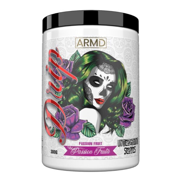 A container of ARMD Drip Thermogenic Fat Burner supplement with a colorful design featuring a female figure, fruits, and text.