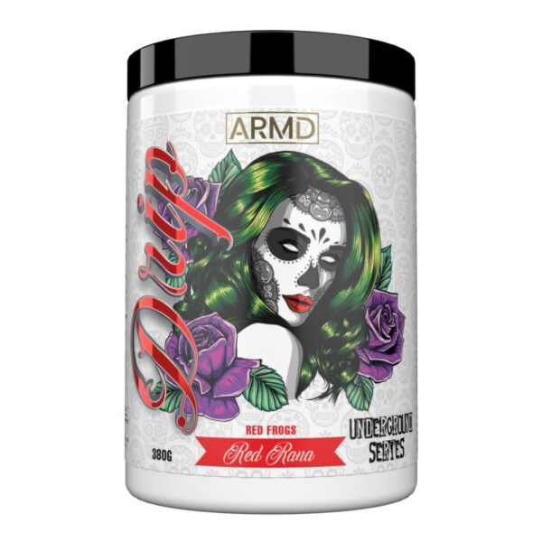 A tub of ARMD Drip Red Rana fat burner showing striking label art with a woman’s face, green hair, and purple roses.