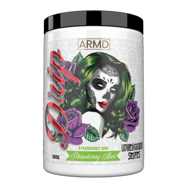 A white container of ARMD Drip Strawberry Kiwi fat burner featuring bold artwork with a woman and purple roses.