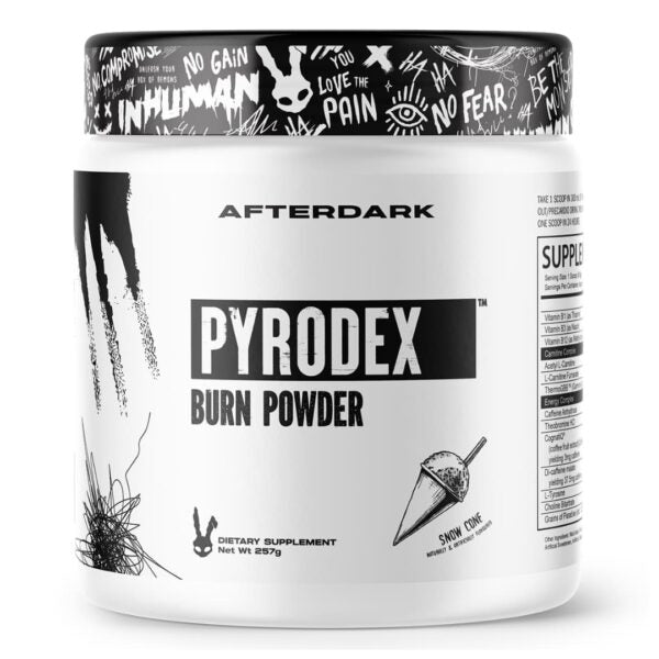 A container of AFTERDARK PYRODEX BURN POWDER snow cone flavour dietary supplement with a black and white design featuring text and graphics related to fitness and nutrition.