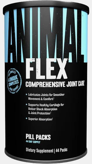 Animal Flex joint support canister featuring black and blue label with comprehensive joint care and 44 pack supply displayed