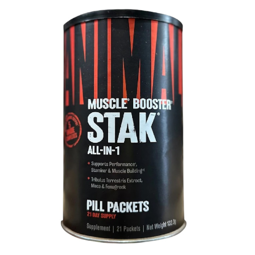 Animal Stak muscle booster canister with black and red label showing all-in-one pill packets and 21-day supply
