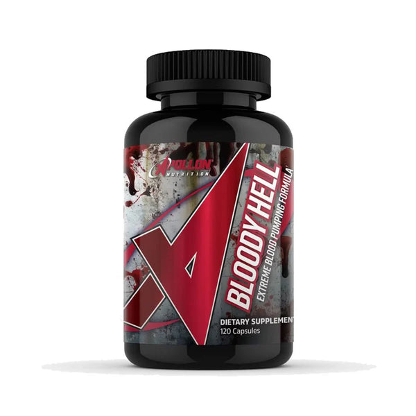 Apollon Nutrition Bloody Hell black bottle with red label nitric oxide booster for muscle pump and vascularity