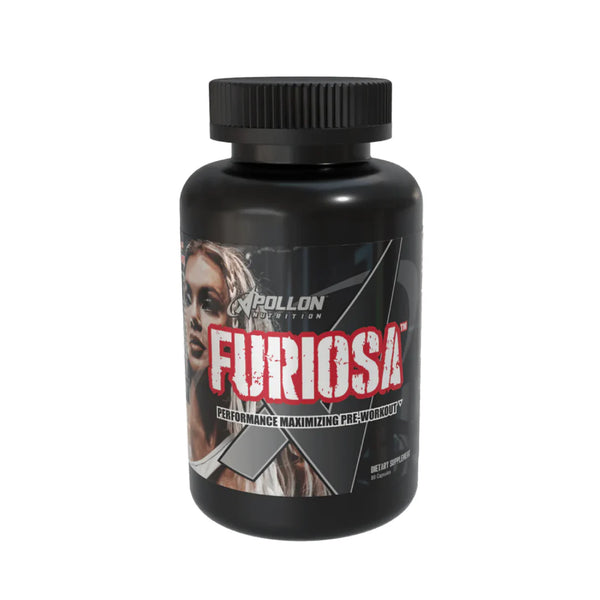 Apollon Nutrition Furiosa black bottle with red logo pre-workout capsules for energy and performance enhancement