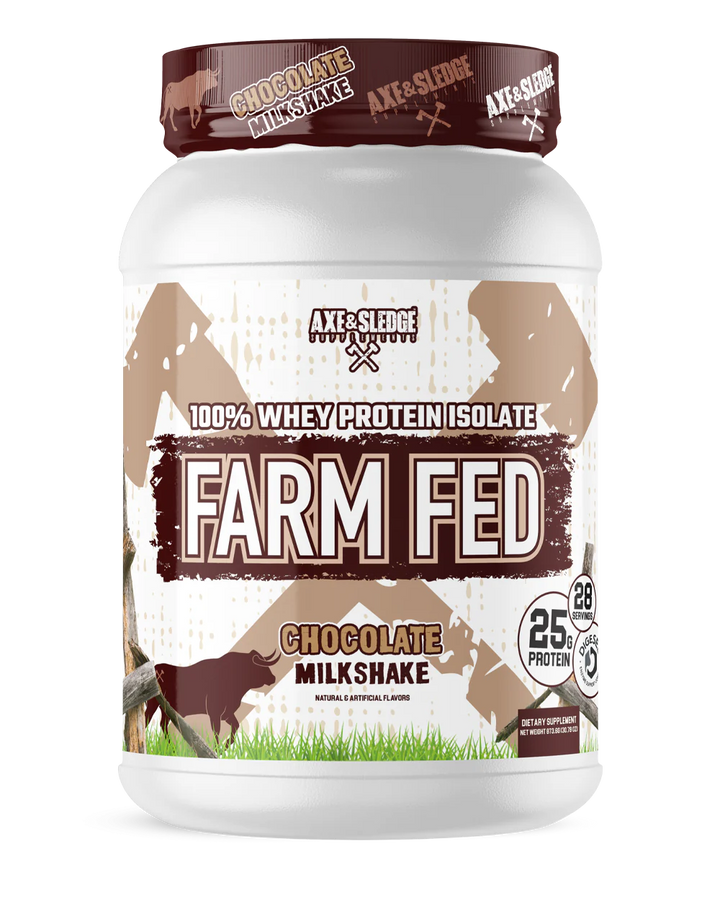 Front view of Axe and Sledge Farm Fed Whey Protein Isolate Chocolate Milkshake tub with branding and label