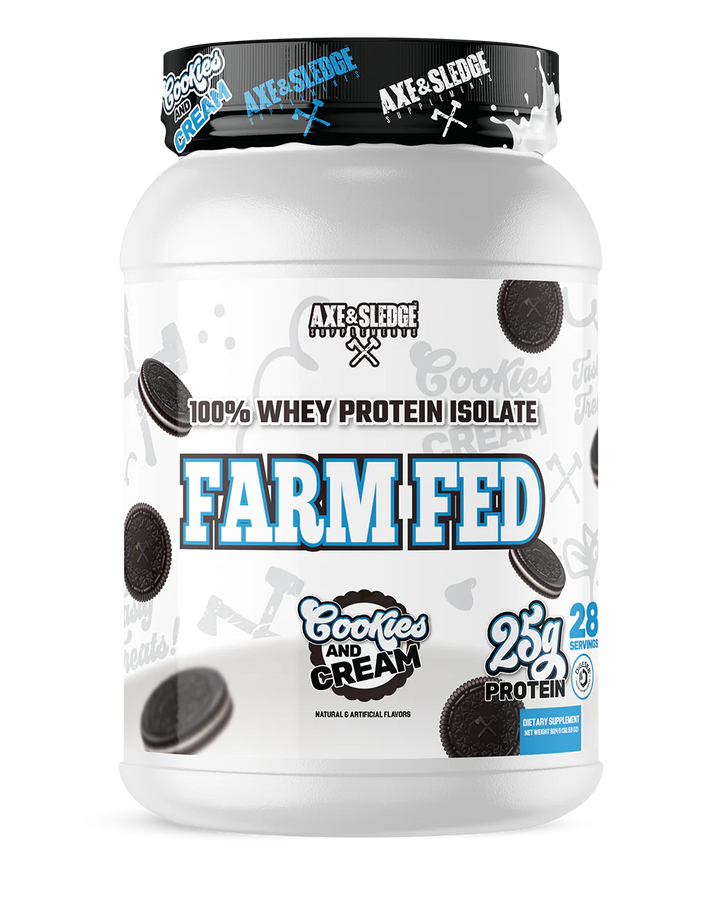 Front view of Axe and Sledge Farm Fed Whey Protein Isolate Cookies and Cream tub with branding and label