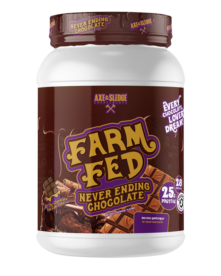 Front view of Axe and Sledge Farm Fed Whey Protein Isolate Never Ending Chocolate tub with branding and label