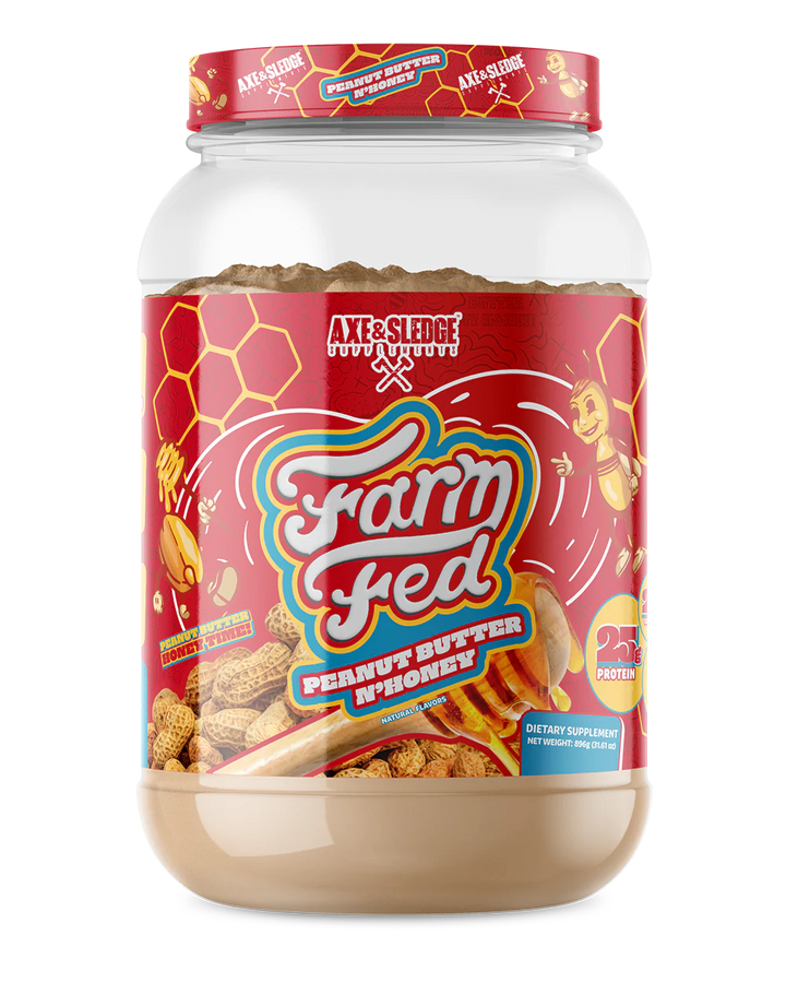 Front view of Axe and Sledge Farm Fed Whey Protein Isolate Peanut Butter N’ Honey tub with branding and label
