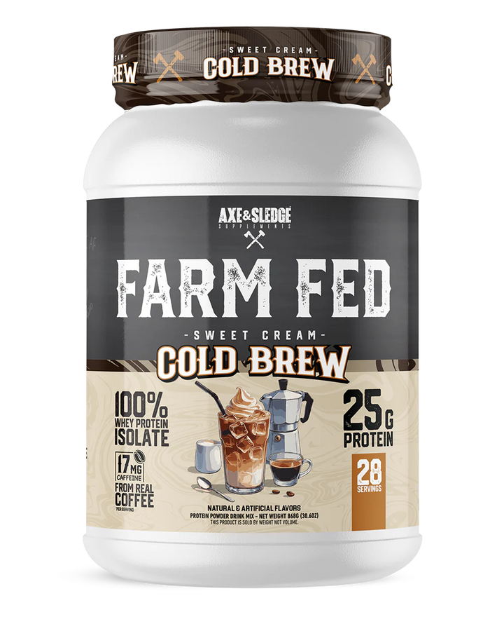 Front view of Axe and Sledge Farm Fed Whey Protein Isolate Sweet Cream Cold Brew tub with branding and label.