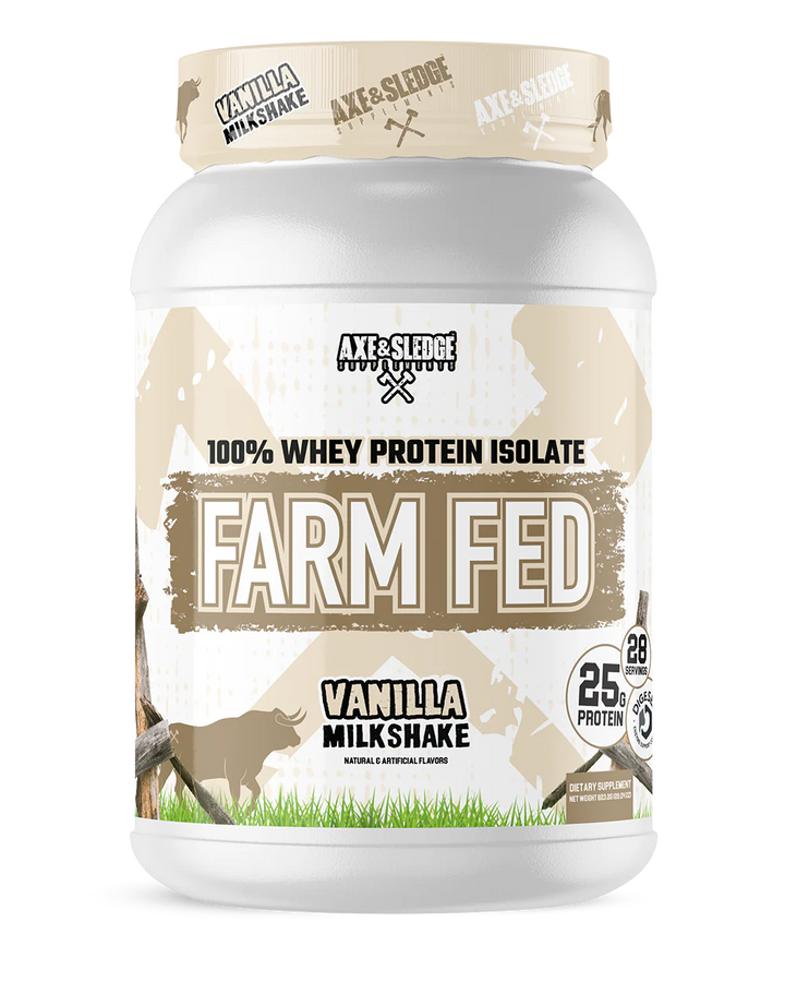 Front view of Axe and Sledge Farm Fed Whey Protein Isolate Vanilla Milkshake tub with branding and label