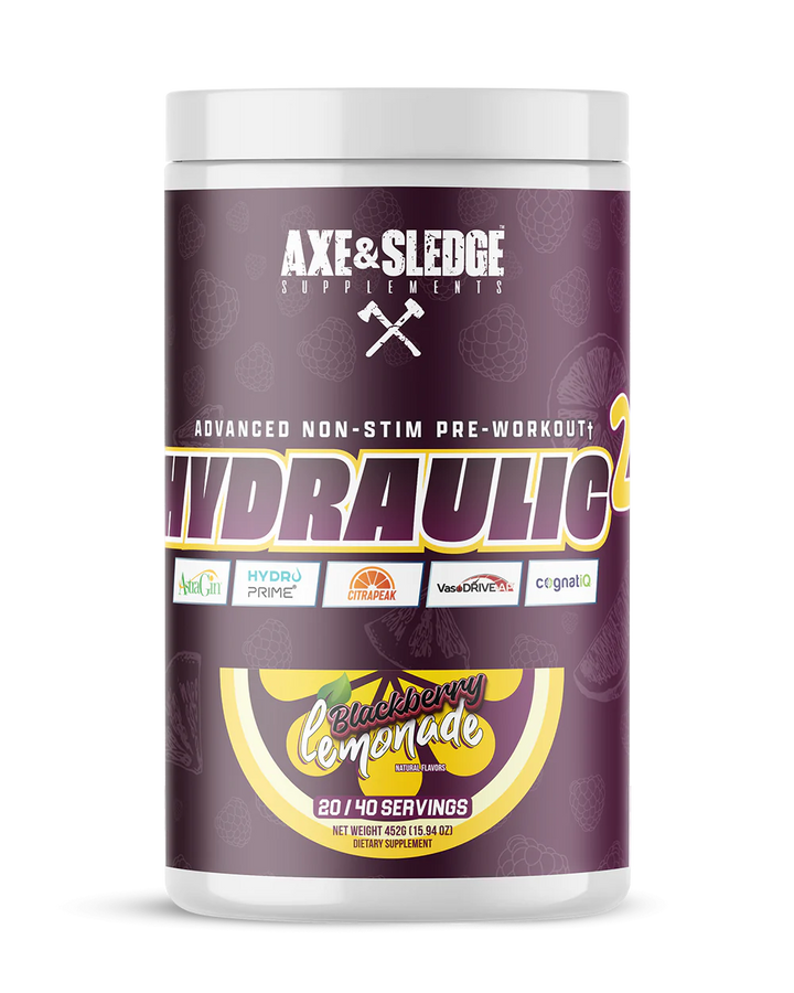 Front view of Axe and Sledge Hydraulic 2 Non Stim Pre Workout Blackberry Lemonade tub with branding and label