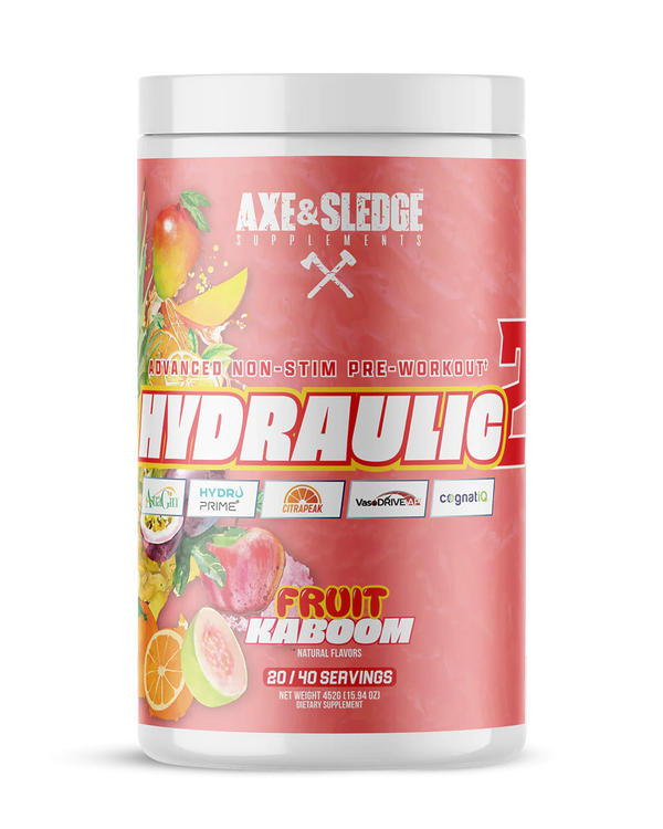 Front view of Axe and Sledge Hydraulic 2 Non Stim Pre Workout Fruit Kaboom tub with branding and label