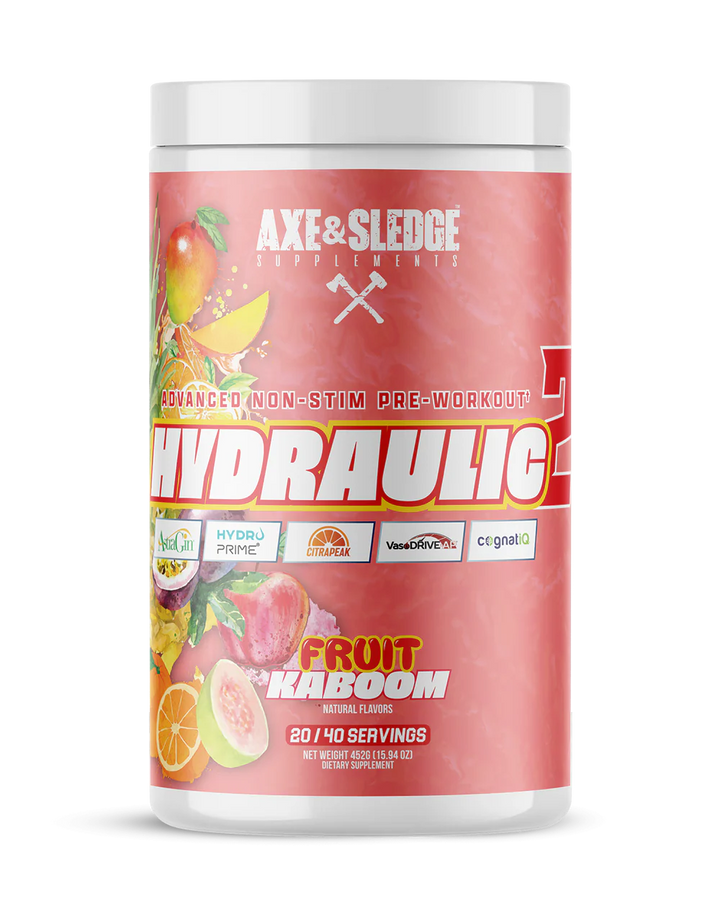 Front view of Axe and Sledge Hydraulic 2 Non Stim Pre Workout Fruit Kaboom tub with branding and label