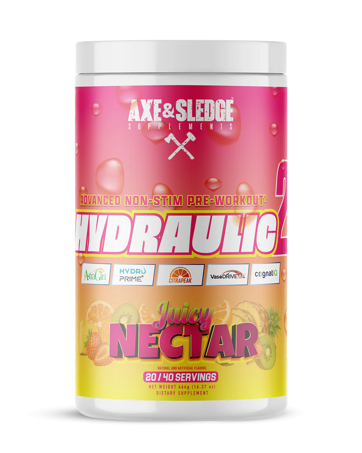 Front view of Axe and Sledge Hydraulic 2 Non Stim Pre Workout Juicy Nectar tub with branding and label
