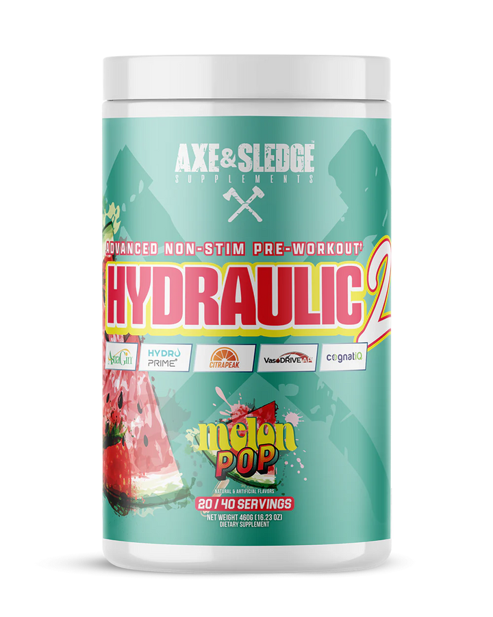Front view of Axe and Sledge Hydraulic 2 Non Stim Pre Workout Melon Pop tub with branding and label