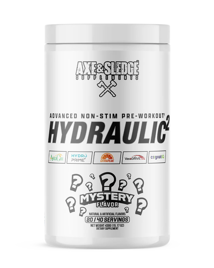 Front view of Axe and Sledge Hydraulic 2 Non Stim Pre Workout Mystery Flavour tub with branding and label