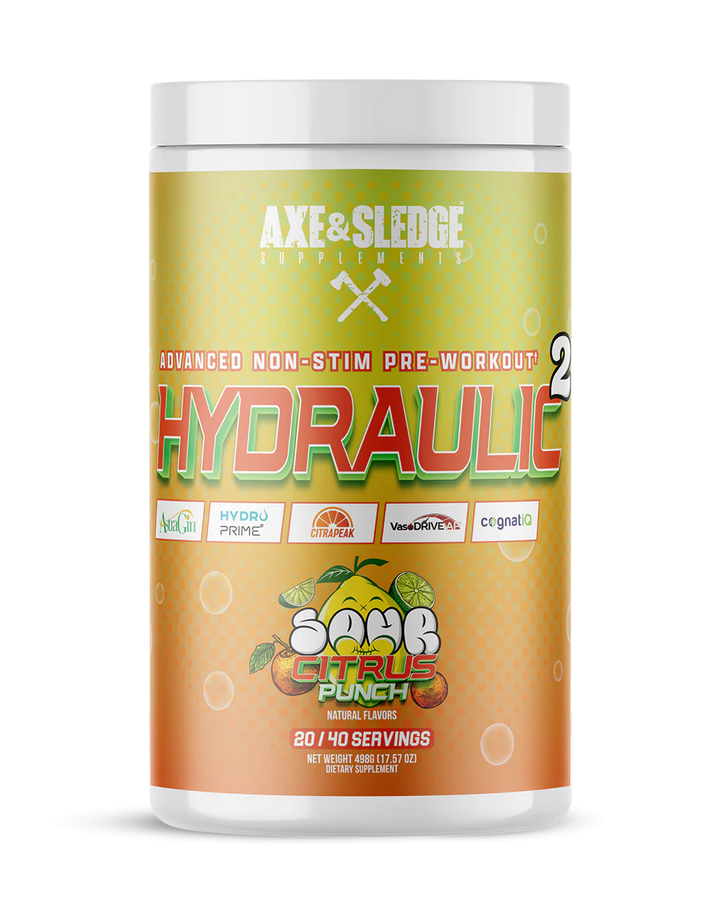 Front view of Axe and Sledge Hydraulic 2 Non Stim Pre Workout Sour Citrus Punch tub with branding and label