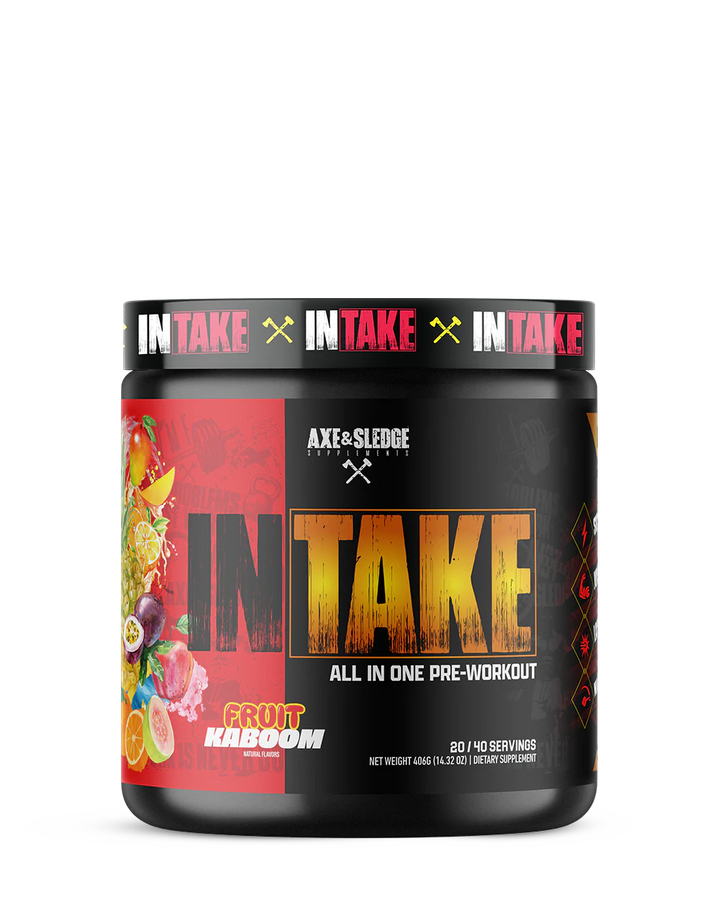 Front view of Axe and Sledge Intake Pre Workout Fruit Kaboom tub with branding and label