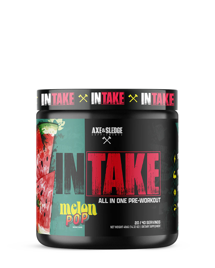 Front view of Axe and Sledge Intake Pre Workout Melon Pop tub with branding and label