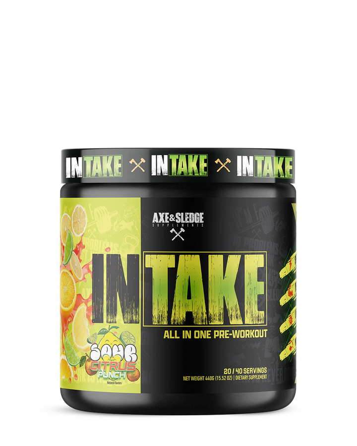 Front view of Axe and Sledge Intake Pre Workout Sour Citrus Punch tub with branding and label