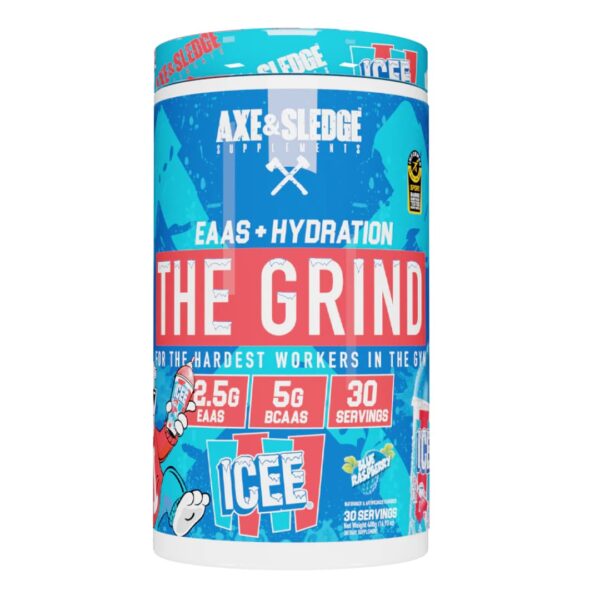 A container of Axe & Sledge The Grind amino acid and hydration supplement, featuring a colorful label with graphics and text.