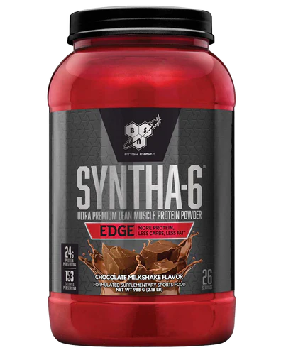 Front view of BSN Syntha-6 Edge Chocolate Milkshake protein powder 26 servings tub with branding and label